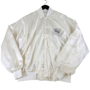 Vintage Auburn Mariners Seafood Steak Spirits White Satin Bomber Jacket made USA